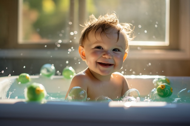 Retrato de un adorable bebé recién nacido tomando un baño