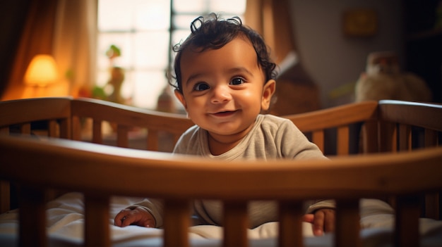 Retrato de un adorable recién nacido en la cuna