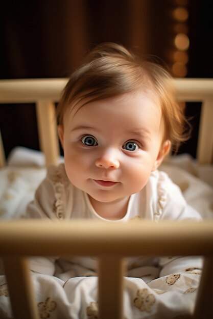 Retrato de un adorable recién nacido en la cuna