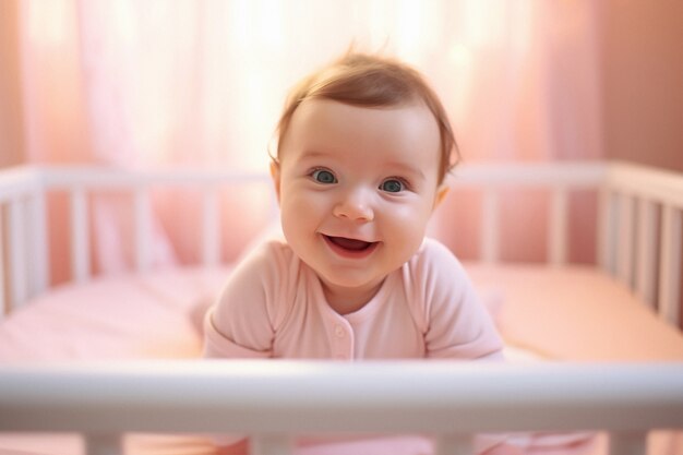 Retrato de un adorable recién nacido en la cuna