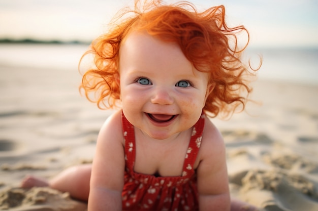 Retrato de un adorable recién nacido en la playa