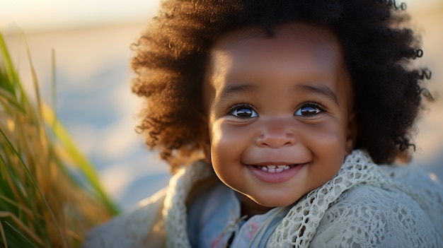 Retrato de un adorable recién nacido en la playa