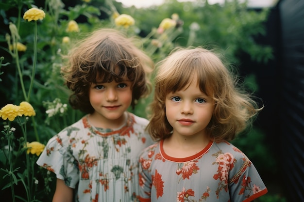 Retrato de adorables niños en el jardín