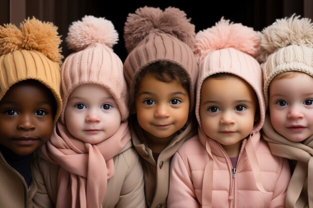 Retrato de adorables recién nacidos de diferentes etnias