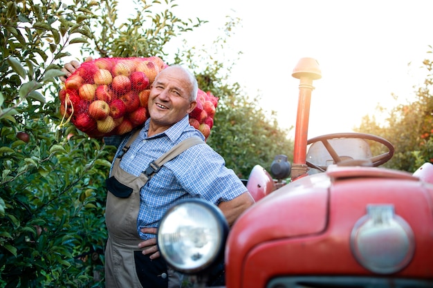 Retrato de agricultor de pie junto a su tractor y sosteniendo saco de manzanas en huerto