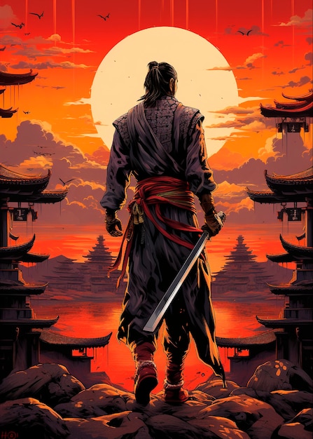 Foto gratuita retrato al estilo de anime de un personaje samurai japonés tradicional