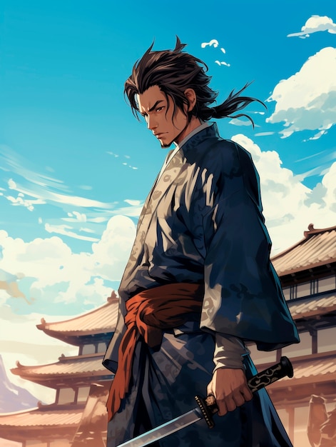 Retrato al estilo de anime de un personaje samurai japonés tradicional