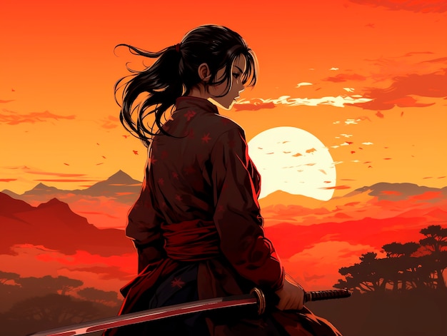 Foto gratuita retrato al estilo de anime de un personaje samurai japonés tradicional