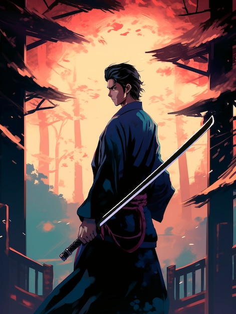 Foto gratuita retrato al estilo de anime de un personaje samurai japonés tradicional