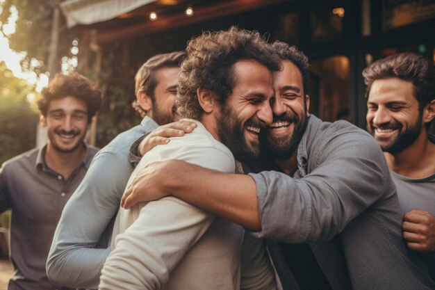 Retrato de amigos hombres compartiendo un momento afectuoso de amistad