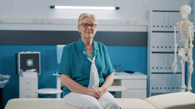 Retrato de una anciana sentada en un consultorio médico en una visita de control. Paciente mayor esperando que el médico asista al examen de la cita de consulta, recibiendo tratamiento médico y medicamentos.