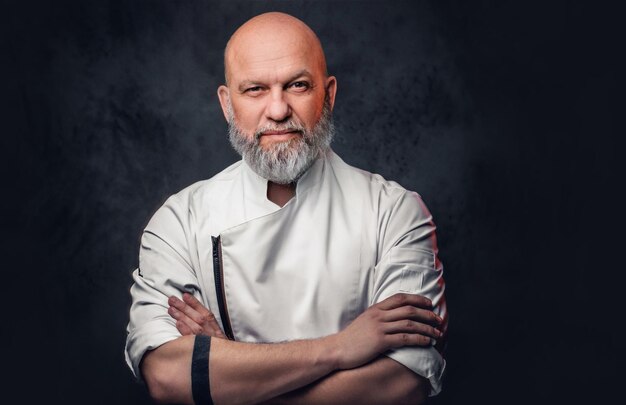 Retrato de un anciano chef vestido de uniforme con los brazos cruzados contra un fondo oscuro.