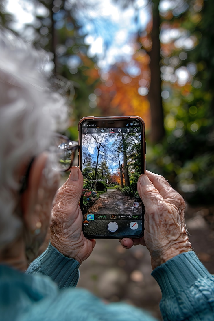 Foto gratuito retrato de un anciano sosteniendo un dispositivo de cámara para la celebración del día mundial de la fotografía