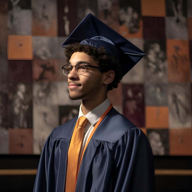 Retrato de un apuesto joven con vestido de graduación y gafas