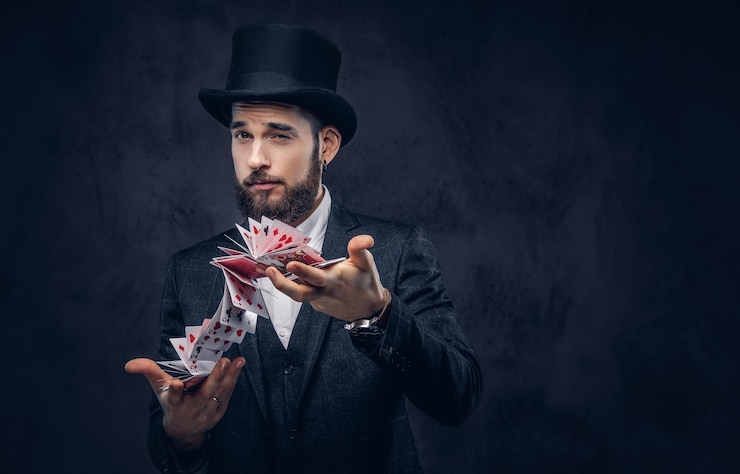 Foto gratuito retrato de un apuesto mago con traje negro, mostrando trucos con cartas en un fondo oscuro.