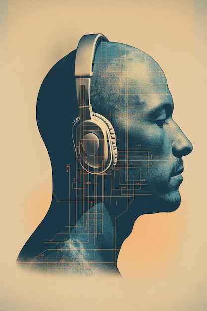 Retrato de arte digital de una persona escuchando música con auriculares