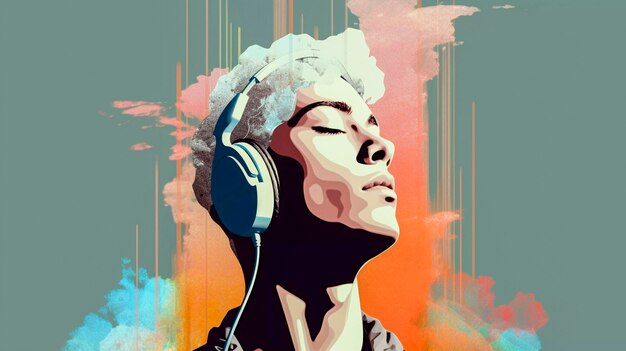 Retrato de arte digital de una persona escuchando música con auriculares