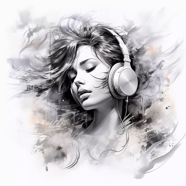 Retrato de arte digital de una persona escuchando música con auriculares