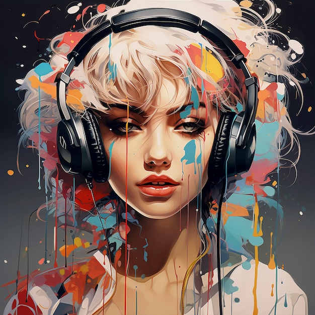 Foto gratuita retrato de arte digital de una persona escuchando música con auriculares