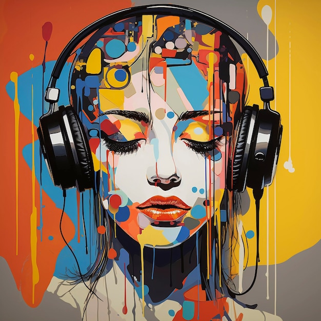 Retrato de arte digital de una persona escuchando música con auriculares