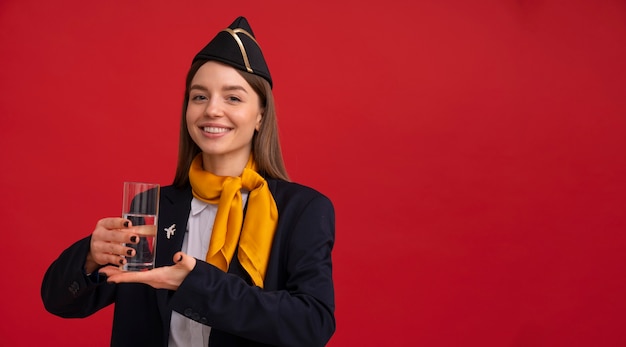 Foto gratuita retrato de asistente de vuelo con vaso de agua