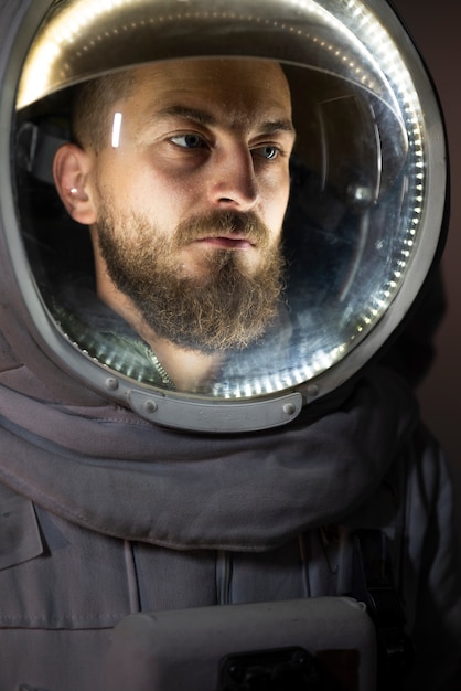 Foto gratuita retrato de un astronauta masculino totalmente equipado con casco