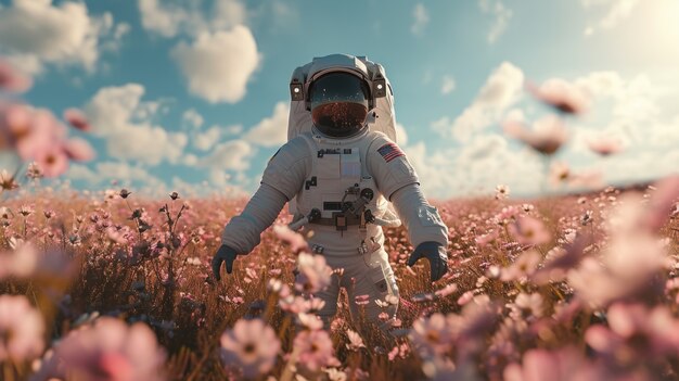 Retrato de un astronauta en traje espacial con flores