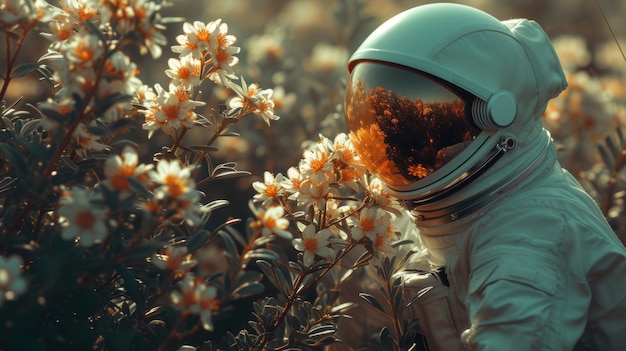 Retrato de un astronauta en traje espacial con flores