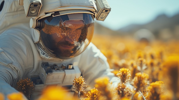 Retrato de un astronauta en traje espacial con flores