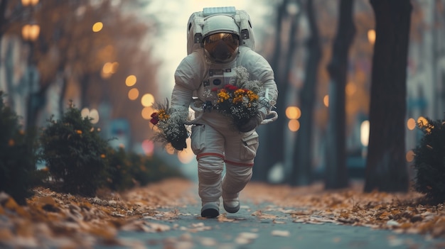 Foto gratuita retrato de un astronauta en traje espacial haciendo una actividad común al aire libre