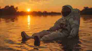 Foto gratuita retrato de un astronauta en traje espacial haciendo una actividad humana regular