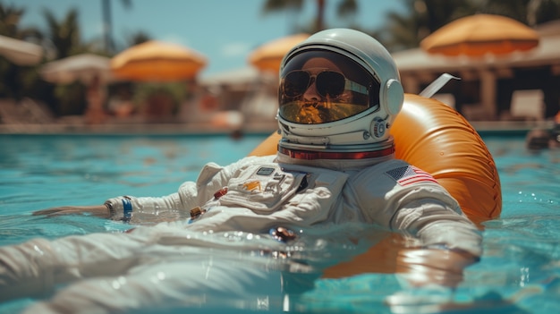Retrato de un astronauta en traje espacial con piscina