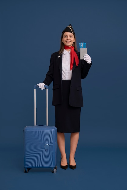 Retrato de auxiliar de vuelo con equipaje y boletos de avión