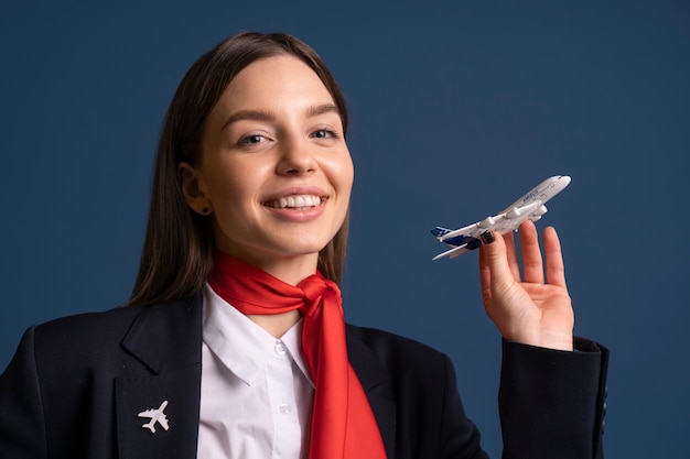 Foto gratuita retrato de auxiliar de vuelo con figurilla de avión