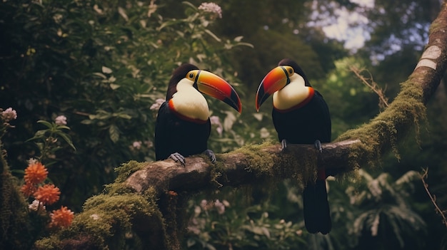 Retrato de aves tucanas en una rama