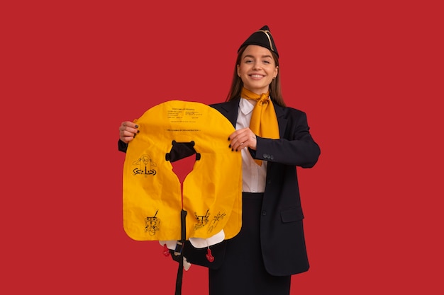 Foto gratuita retrato de azafata con chaqueta inflable