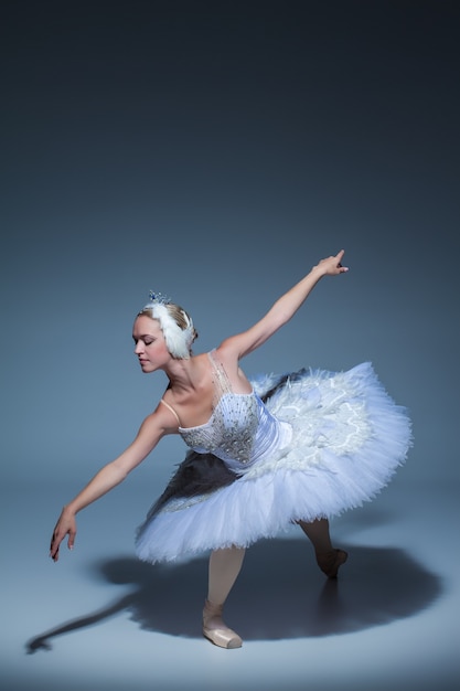 Retrato de la bailarina en el papel de un cisne blanco sobre fondo azul.