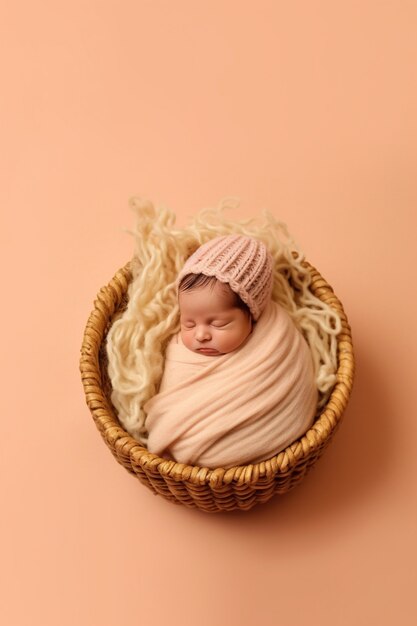 Retrato de bebé recién nacido durmiendo en la cesta