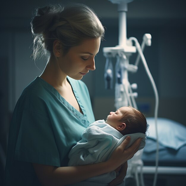 Retrato de bebé recién nacido con enfermera en el hospital