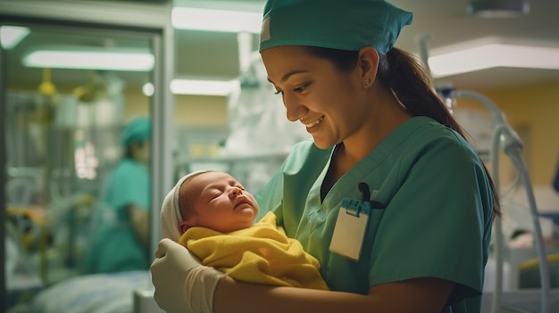 Retrato de un bebé recién nacido con una enfermera en el hospital