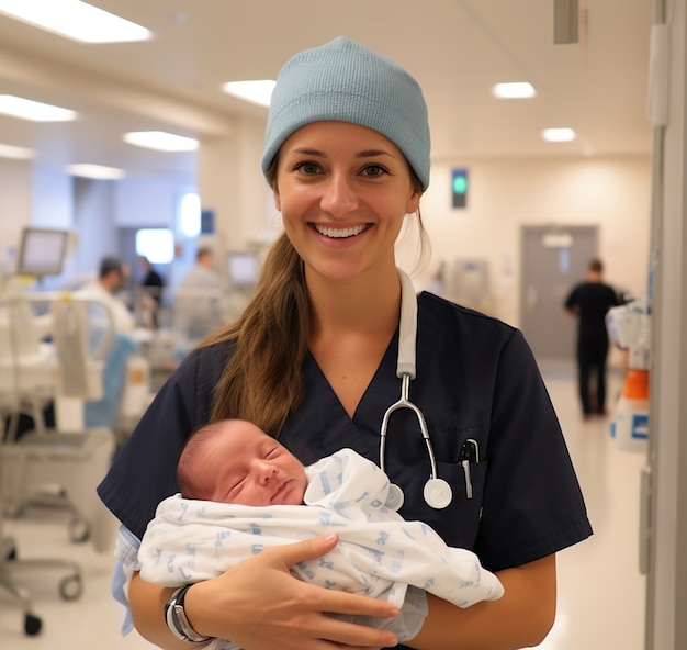 Retrato de un bebé recién nacido con una enfermera en el hospital
