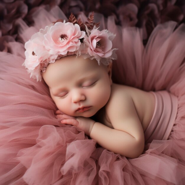 Retrato de bebé recién nacido con flores.