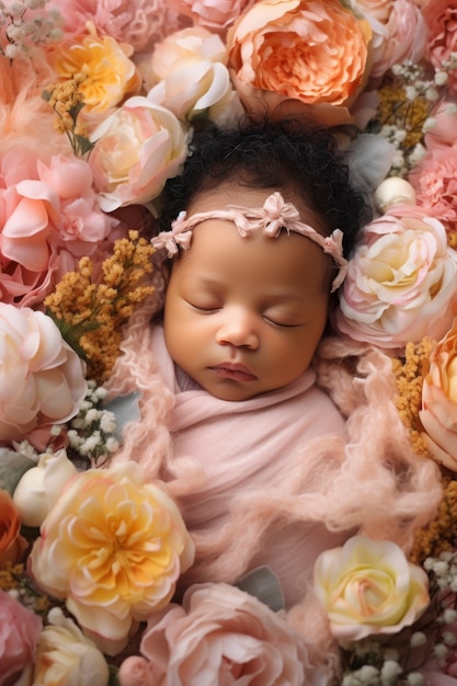 Retrato de bebé recién nacido con flores.