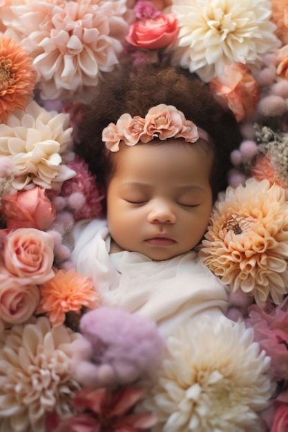 Retrato de bebé recién nacido con flores.