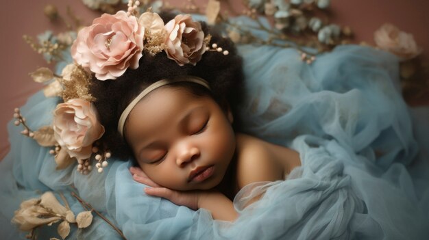Retrato de bebé recién nacido con flores.