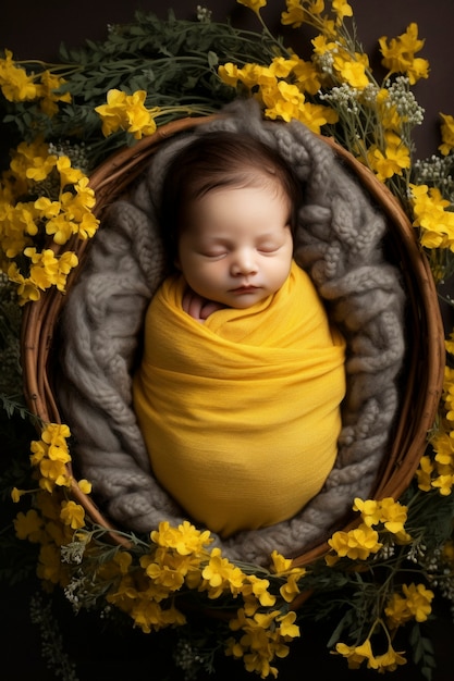 Retrato de bebé recién nacido con flores.