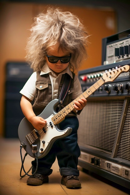 Retrato de bebé tocando la guitarra