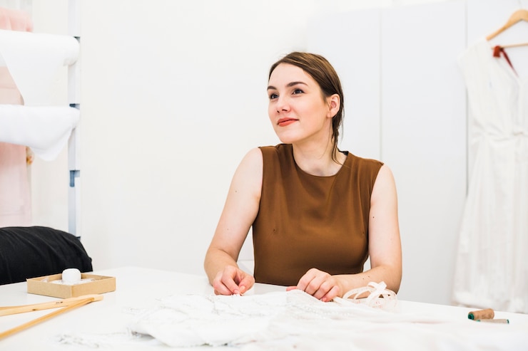 Foto gratuito retrato de una bella joven diseñadora de moda en el estudio