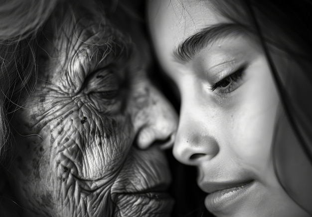 Foto gratuita retrato en blanco y negro de una abuela con un nieto que muestra amor y momentos tiernos para el día de los abuelos