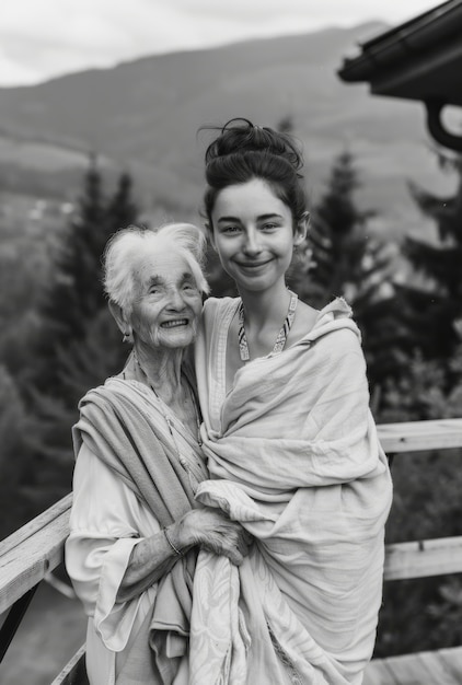 Foto gratuita retrato en blanco y negro de una abuela con un nieto que muestra amor y momentos tiernos para el día de los abuelos